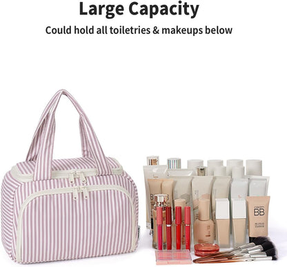 Striped Travel Toiletry Bag for Women Large Makeup Bag, Wide-open Cosmetic Make Up Organizer with Handle, Travel Bag for Toiletries, Essentials, Accessories (Mint Green Stripe)