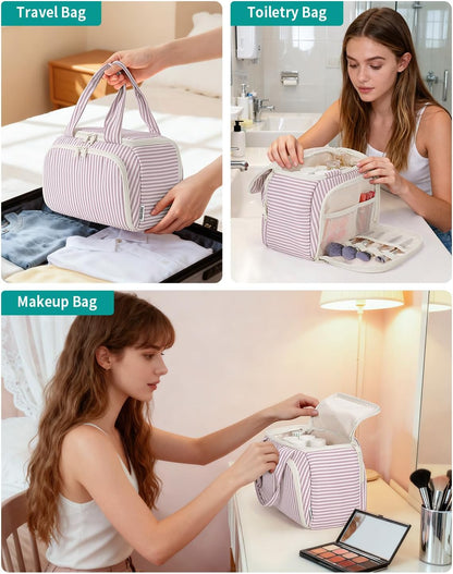 Striped Travel Toiletry Bag for Women Large Makeup Bag, Wide-open Cosmetic Make Up Organizer with Handle, Travel Bag for Toiletries, Essentials, Accessories (Mint Green Stripe)