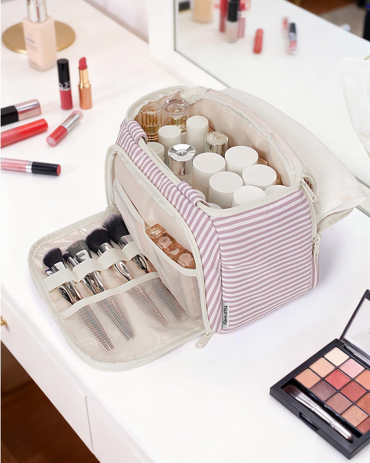 Striped Travel Toiletry Bag for Women Large Makeup Bag, Wide-open Cosmetic Make Up Organizer with Handle, Travel Bag for Toiletries, Essentials, Accessories (Mint Green Stripe)