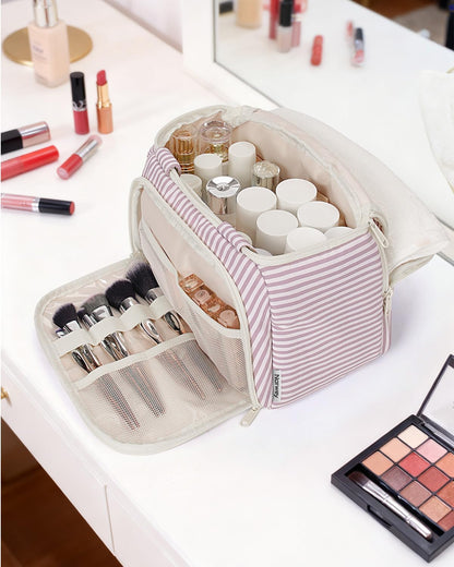 Striped Travel Toiletry Bag for Women Large Makeup Bag, Wide-open Cosmetic Make Up Organizer with Handle, Travel Bag for Toiletries, Essentials, Accessories (Mint Green Stripe)