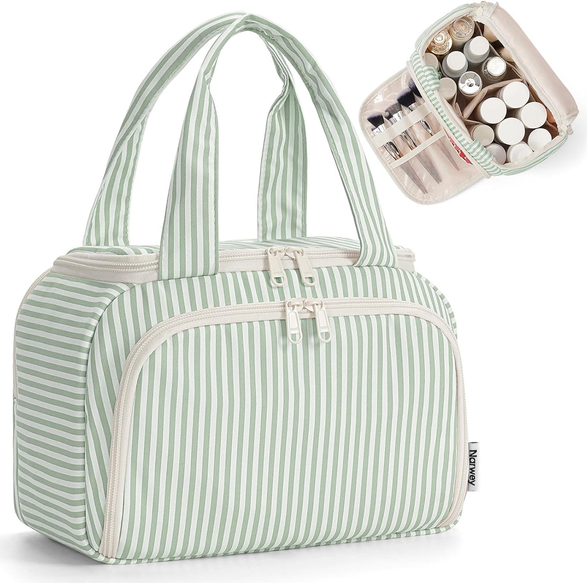 Striped Travel Toiletry Bag for Women Large Makeup Bag, Wide-open Cosmetic Make Up Organizer with Handle, Travel Bag for Toiletries, Essentials, Accessories (Mint Green Stripe)