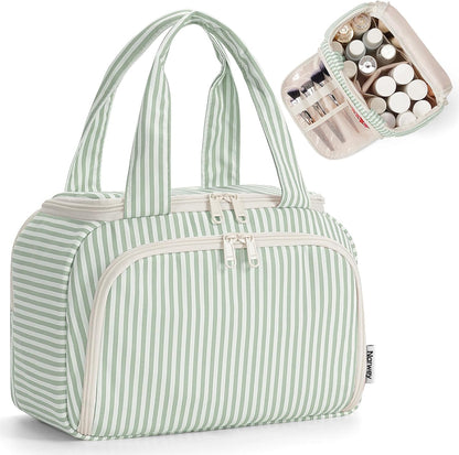 Striped Travel Toiletry Bag for Women Large Makeup Bag, Wide-open Cosmetic Make Up Organizer with Handle, Travel Bag for Toiletries, Essentials, Accessories (Mint Green Stripe)