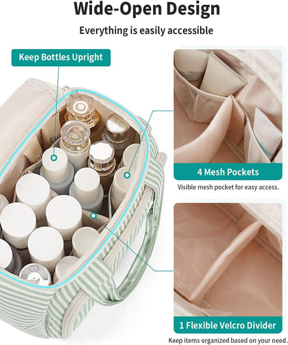 Striped Travel Toiletry Bag for Women Large Makeup Bag, Wide-open Cosmetic Make Up Organizer with Handle, Travel Bag for Toiletries, Essentials, Accessories (Mint Green Stripe)