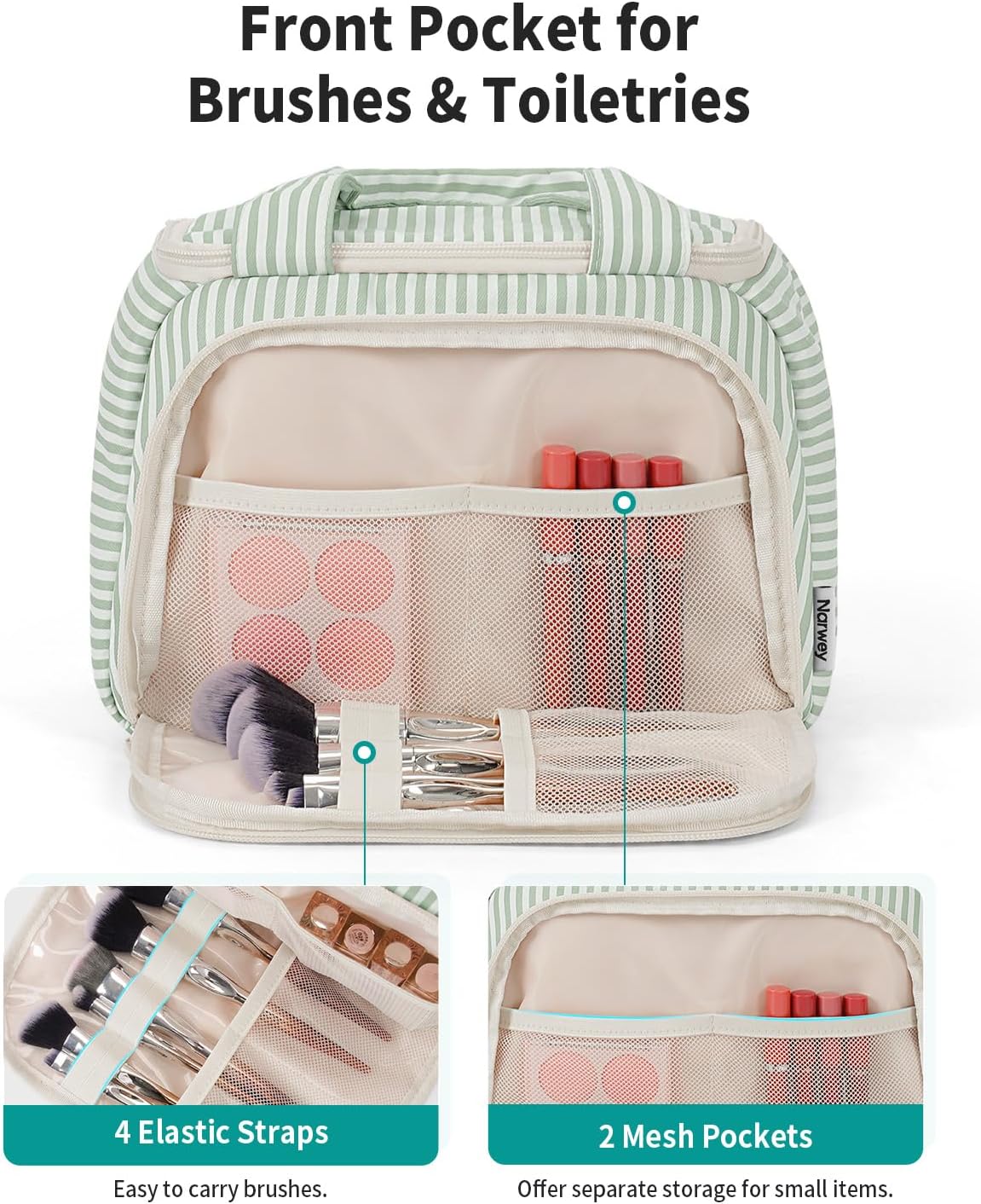 Striped Travel Toiletry Bag for Women Large Makeup Bag, Wide-open Cosmetic Make Up Organizer with Handle, Travel Bag for Toiletries, Essentials, Accessories (Mint Green Stripe)