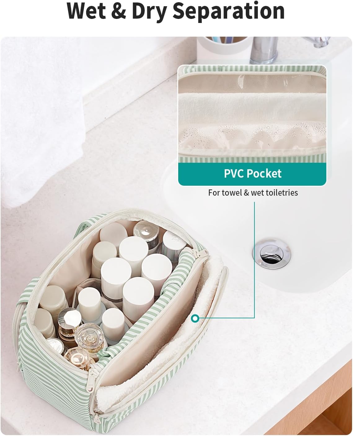 Striped Travel Toiletry Bag for Women Large Makeup Bag, Wide-open Cosmetic Make Up Organizer with Handle, Travel Bag for Toiletries, Essentials, Accessories (Mint Green Stripe)