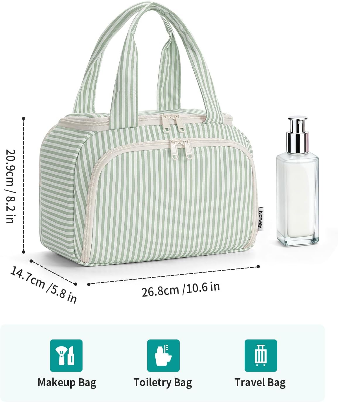 Striped Travel Toiletry Bag for Women Large Makeup Bag, Wide-open Cosmetic Make Up Organizer with Handle, Travel Bag for Toiletries, Essentials, Accessories (Mint Green Stripe)