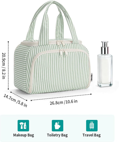Striped Travel Toiletry Bag for Women Large Makeup Bag, Wide-open Cosmetic Make Up Organizer with Handle, Travel Bag for Toiletries, Essentials, Accessories (Mint Green Stripe)