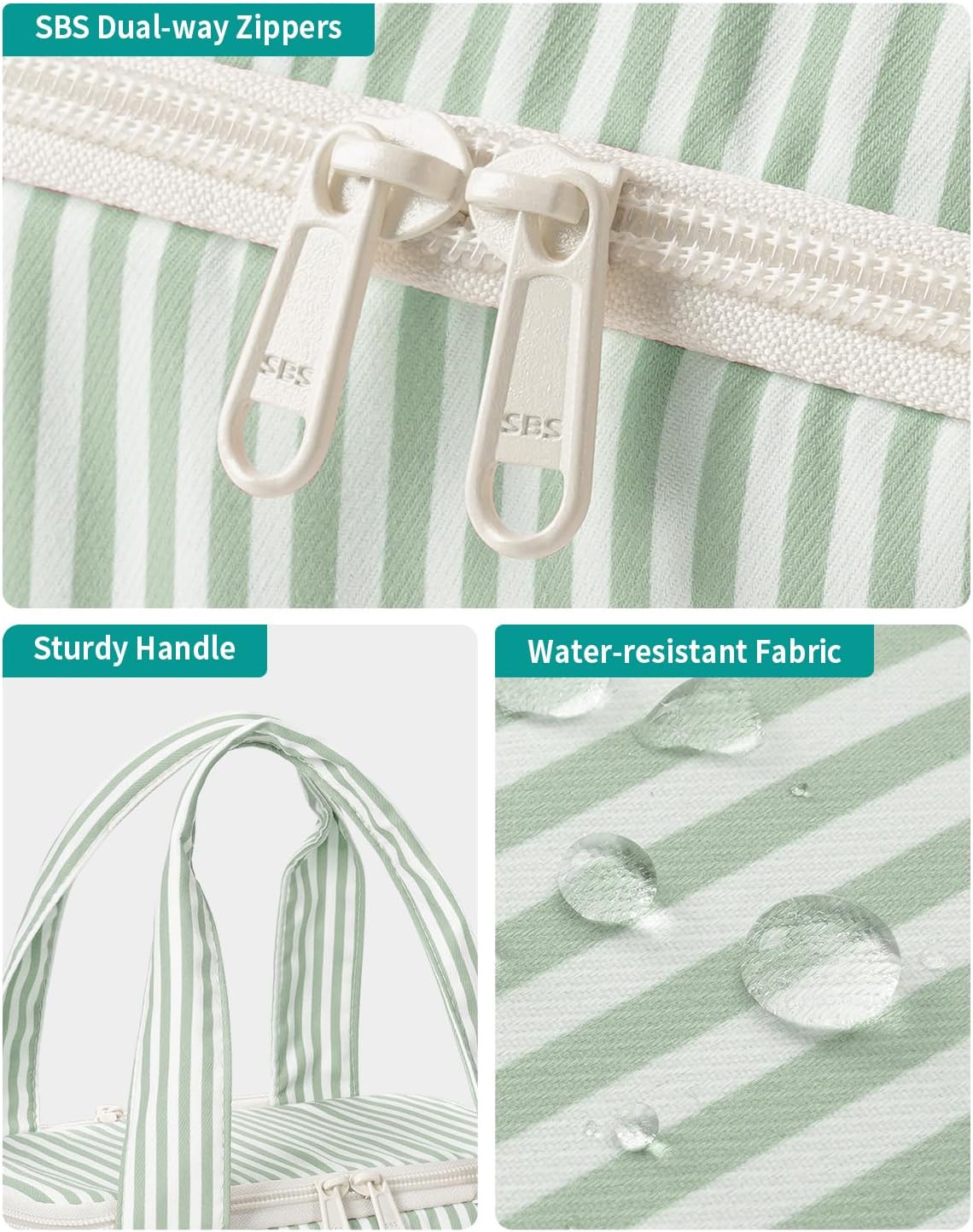 Striped Travel Toiletry Bag for Women Large Makeup Bag, Wide-open Cosmetic Make Up Organizer with Handle, Travel Bag for Toiletries, Essentials, Accessories (Mint Green Stripe)