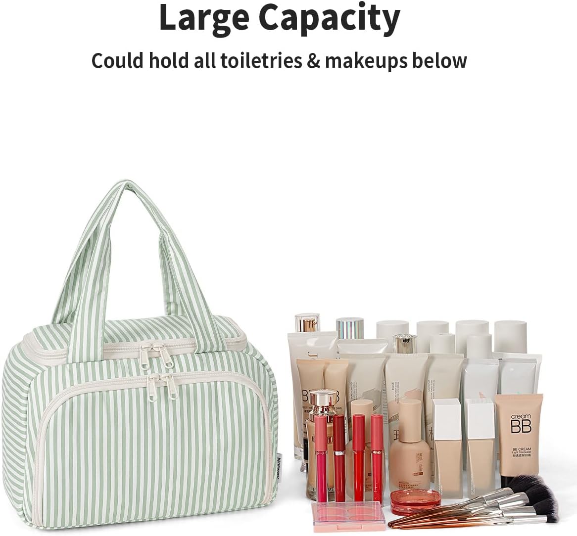 Striped Travel Toiletry Bag for Women Large Makeup Bag, Wide-open Cosmetic Make Up Organizer with Handle, Travel Bag for Toiletries, Essentials, Accessories (Mint Green Stripe)
