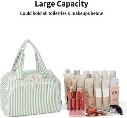 Striped Travel Toiletry Bag for Women Large Makeup Bag, Wide-open Cosmetic Make Up Organizer with Handle, Travel Bag for Toiletries, Essentials, Accessories (Mint Green Stripe)