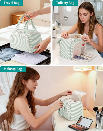 Striped Travel Toiletry Bag for Women Large Makeup Bag, Wide-open Cosmetic Make Up Organizer with Handle, Travel Bag for Toiletries, Essentials, Accessories (Mint Green Stripe)