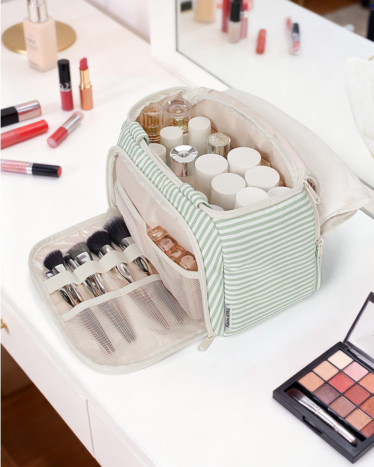 Striped Travel Toiletry Bag for Women Large Makeup Bag, Wide-open Cosmetic Make Up Organizer with Handle, Travel Bag for Toiletries, Essentials, Accessories (Mint Green Stripe)