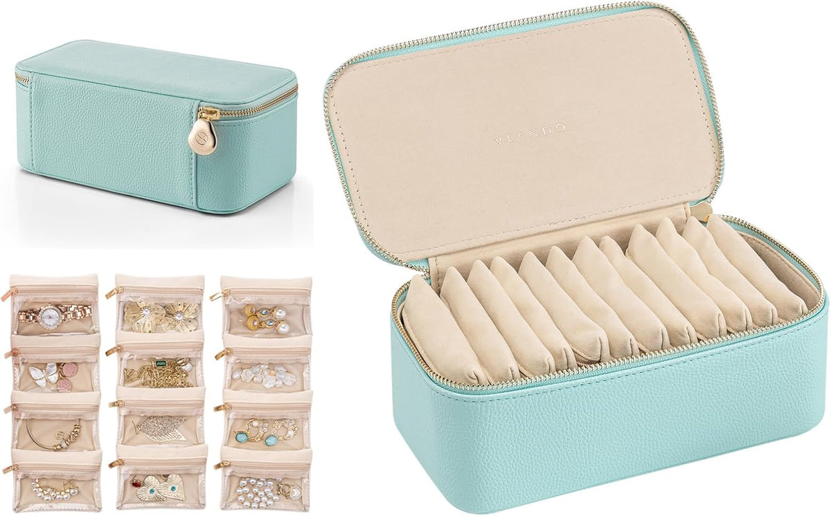Travel Jewelry Box Organizer – Portable PU Leather Jewelry Case with 6/8/12 Zippered Pouches, Compact Storage for Earrings Rings Necklaces Bracelets, Aqua Blue
