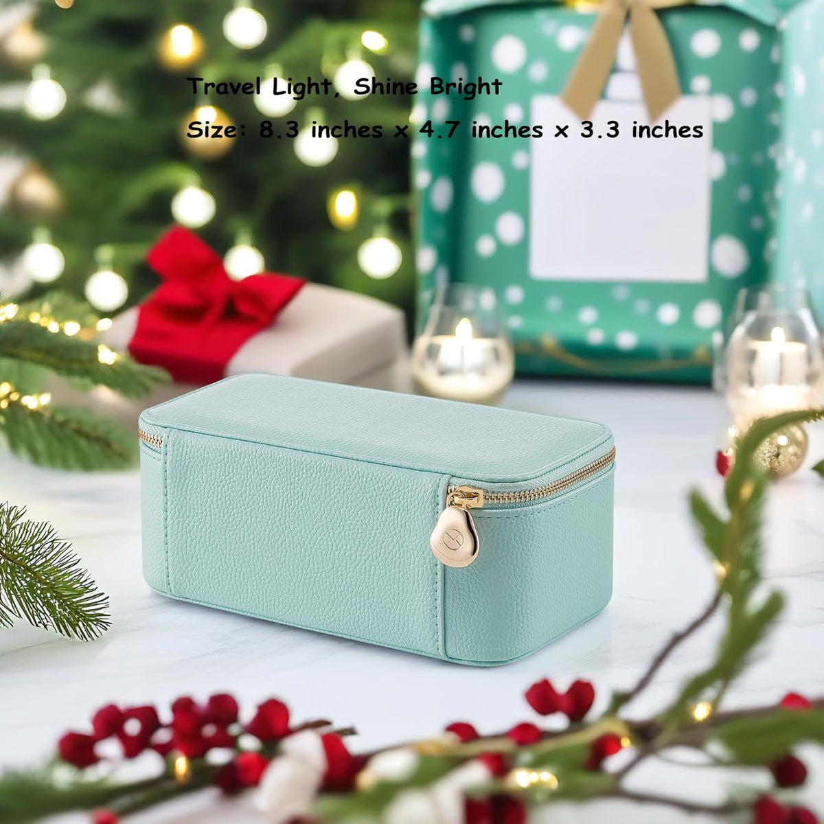 Travel Jewelry Box Organizer – Portable PU Leather Jewelry Case with 6/8/12 Zippered Pouches, Compact Storage for Earrings Rings Necklaces Bracelets, Aqua Blue