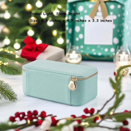 Travel Jewelry Box Organizer – Portable PU Leather Jewelry Case with 6/8/12 Zippered Pouches, Compact Storage for Earrings Rings Necklaces Bracelets, Aqua Blue