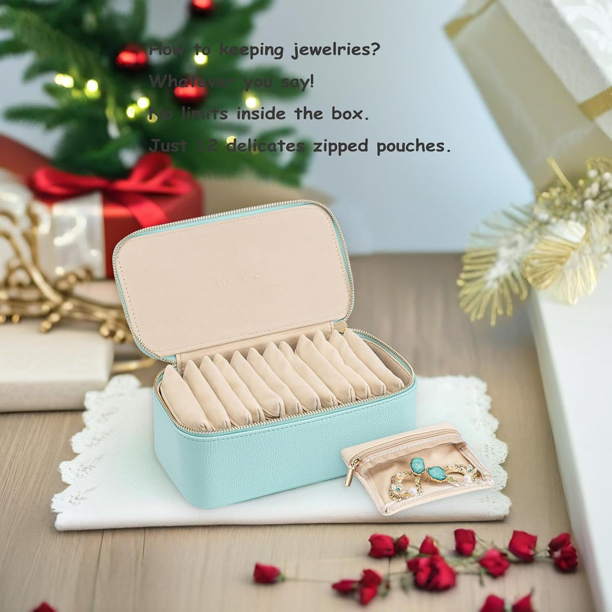 Travel Jewelry Box Organizer – Portable PU Leather Jewelry Case with 6/8/12 Zippered Pouches, Compact Storage for Earrings Rings Necklaces Bracelets, Aqua Blue