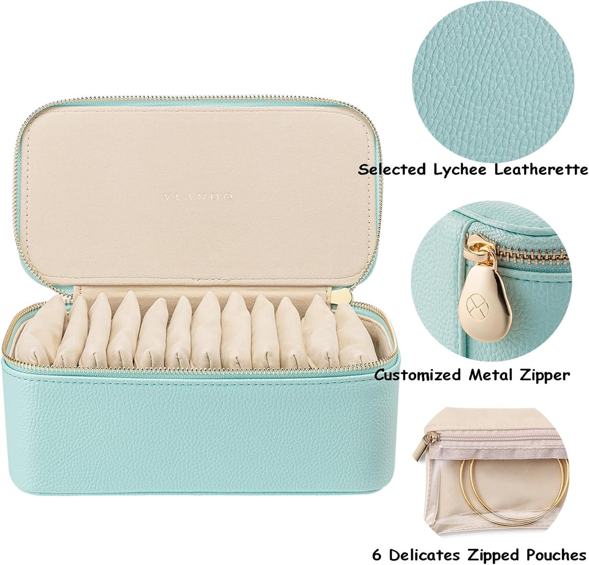 Travel Jewelry Box Organizer – Portable PU Leather Jewelry Case with 6/8/12 Zippered Pouches, Compact Storage for Earrings Rings Necklaces Bracelets, Aqua Blue