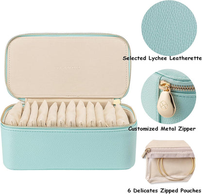 Travel Jewelry Box Organizer – Portable PU Leather Jewelry Case with 6/8/12 Zippered Pouches, Compact Storage for Earrings Rings Necklaces Bracelets, Aqua Blue
