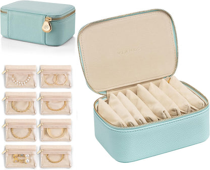 Travel Jewelry Box Organizer – Portable PU Leather Jewelry Case with 6/8/12 Zippered Pouches, Compact Storage for Earrings Rings Necklaces Bracelets, Aqua Blue