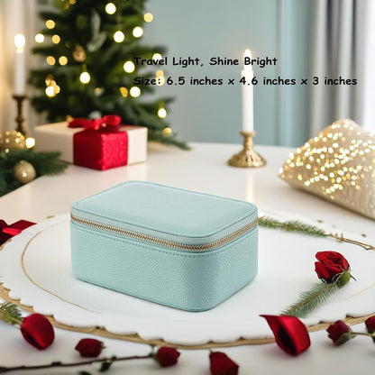 Travel Jewelry Box Organizer – Portable PU Leather Jewelry Case with 6/8/12 Zippered Pouches, Compact Storage for Earrings Rings Necklaces Bracelets, Aqua Blue