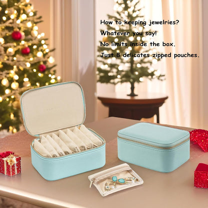 Travel Jewelry Box Organizer – Portable PU Leather Jewelry Case with 6/8/12 Zippered Pouches, Compact Storage for Earrings Rings Necklaces Bracelets, Aqua Blue