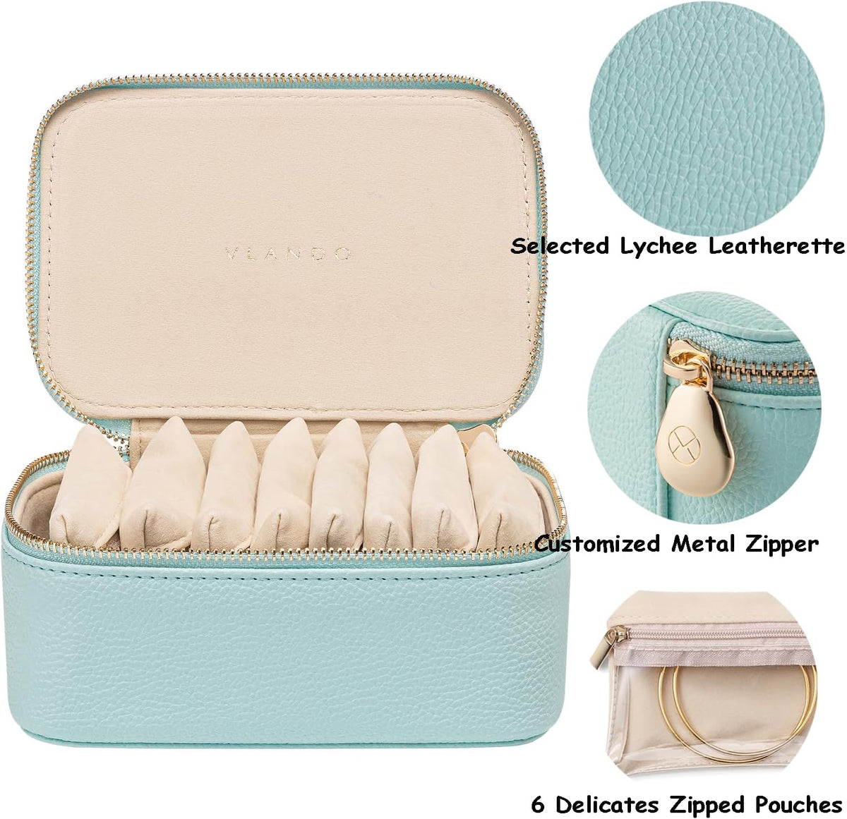 Travel Jewelry Box Organizer – Portable PU Leather Jewelry Case with 6/8/12 Zippered Pouches, Compact Storage for Earrings Rings Necklaces Bracelets, Aqua Blue