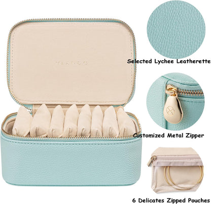 Travel Jewelry Box Organizer – Portable PU Leather Jewelry Case with 6/8/12 Zippered Pouches, Compact Storage for Earrings Rings Necklaces Bracelets, Aqua Blue