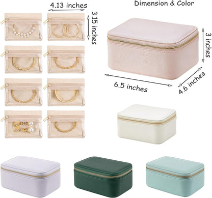 Travel Jewelry Box Organizer – Portable PU Leather Jewelry Case with 6/8/12 Zippered Pouches, Compact Storage for Earrings Rings Necklaces Bracelets, Aqua Blue