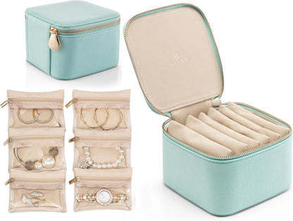 Travel Jewelry Box Organizer – Portable PU Leather Jewelry Case with 6/8/12 Zippered Pouches, Compact Storage for Earrings Rings Necklaces Bracelets, Aqua Blue