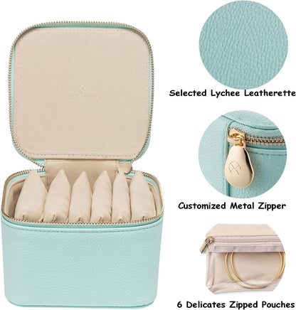 Travel Jewelry Box Organizer – Portable PU Leather Jewelry Case with 6/8/12 Zippered Pouches, Compact Storage for Earrings Rings Necklaces Bracelets, Aqua Blue