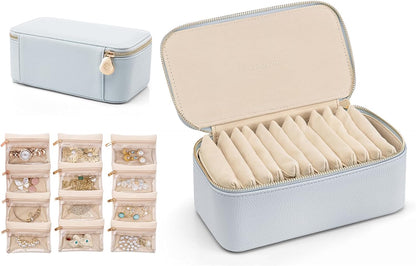 Travel Jewelry Box Organizer – Portable PU Leather Jewelry Case with 6/8/12 Zippered Pouches, Compact Storage for Earrings Rings Necklaces Bracelets, Aqua Blue