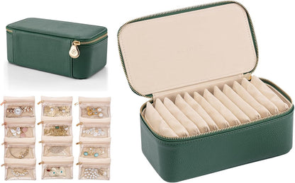 Travel Jewelry Box Organizer – Portable PU Leather Jewelry Case with 6/8/12 Zippered Pouches, Compact Storage for Earrings Rings Necklaces Bracelets, Aqua Blue
