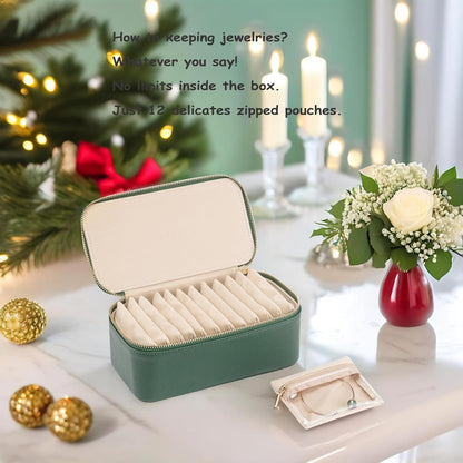 Travel Jewelry Box Organizer – Portable PU Leather Jewelry Case with 6/8/12 Zippered Pouches, Compact Storage for Earrings Rings Necklaces Bracelets, Aqua Blue