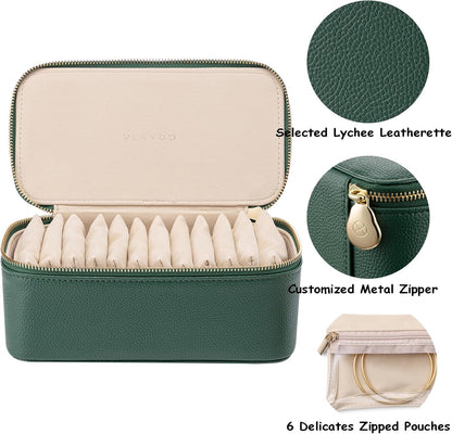 Travel Jewelry Box Organizer – Portable PU Leather Jewelry Case with 6/8/12 Zippered Pouches, Compact Storage for Earrings Rings Necklaces Bracelets, Aqua Blue