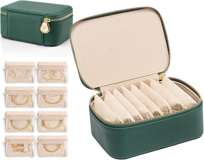 Travel Jewelry Box Organizer – Portable PU Leather Jewelry Case with 6/8/12 Zippered Pouches, Compact Storage for Earrings Rings Necklaces Bracelets, Aqua Blue