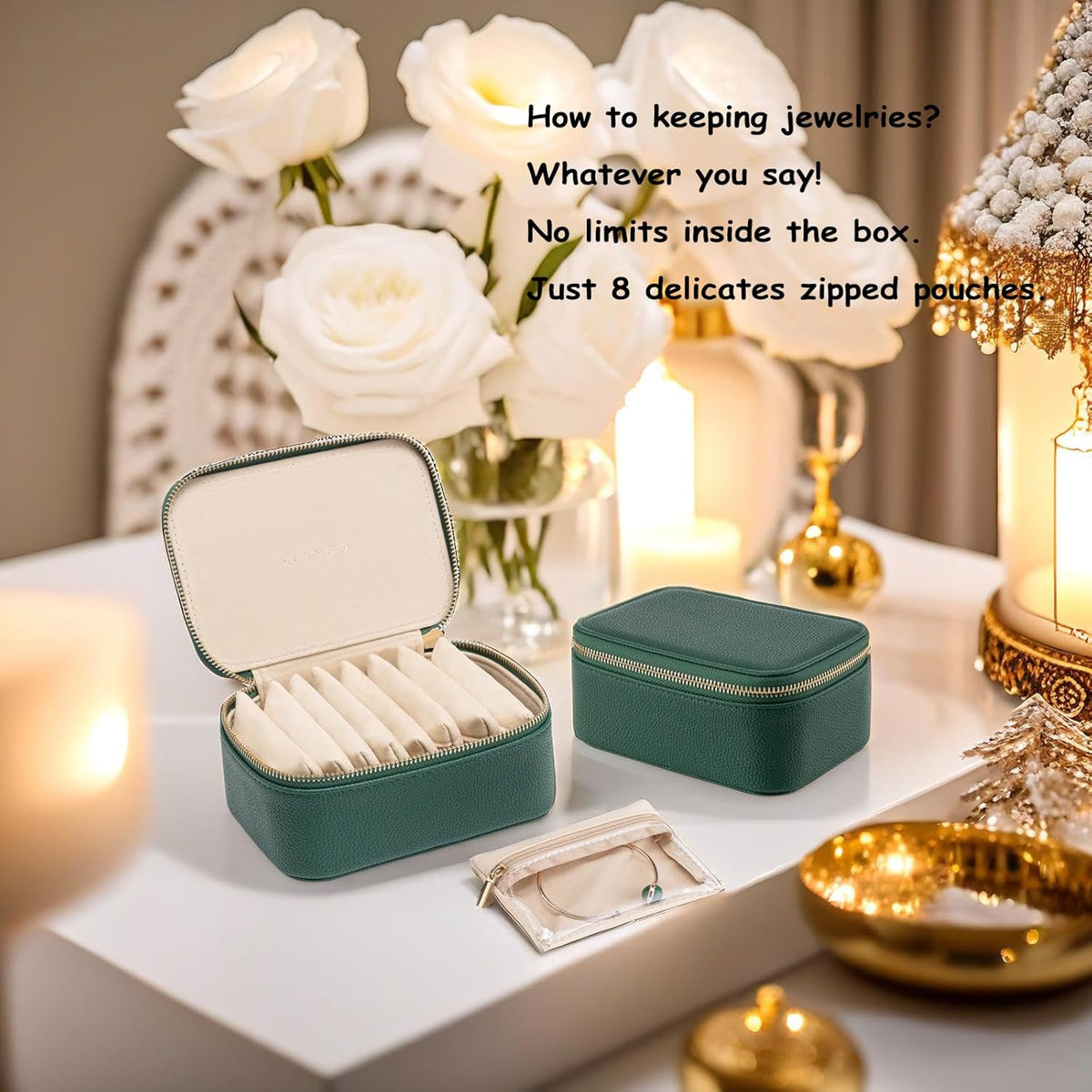 Travel Jewelry Box Organizer – Portable PU Leather Jewelry Case with 6/8/12 Zippered Pouches, Compact Storage for Earrings Rings Necklaces Bracelets, Aqua Blue