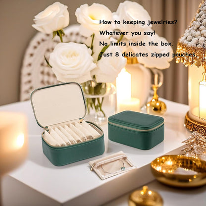Travel Jewelry Box Organizer – Portable PU Leather Jewelry Case with 6/8/12 Zippered Pouches, Compact Storage for Earrings Rings Necklaces Bracelets, Aqua Blue