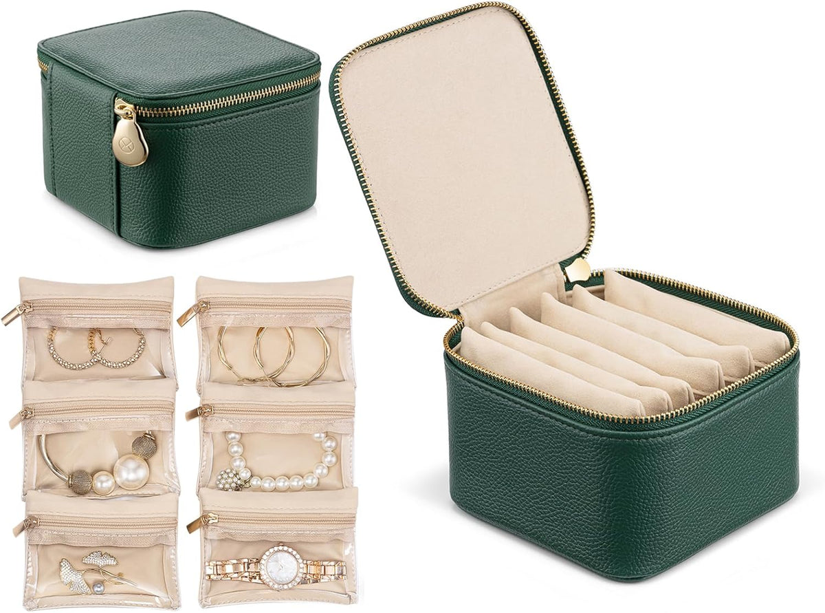 Travel Jewelry Box Organizer – Portable PU Leather Jewelry Case with 6/8/12 Zippered Pouches, Compact Storage for Earrings Rings Necklaces Bracelets, Aqua Blue