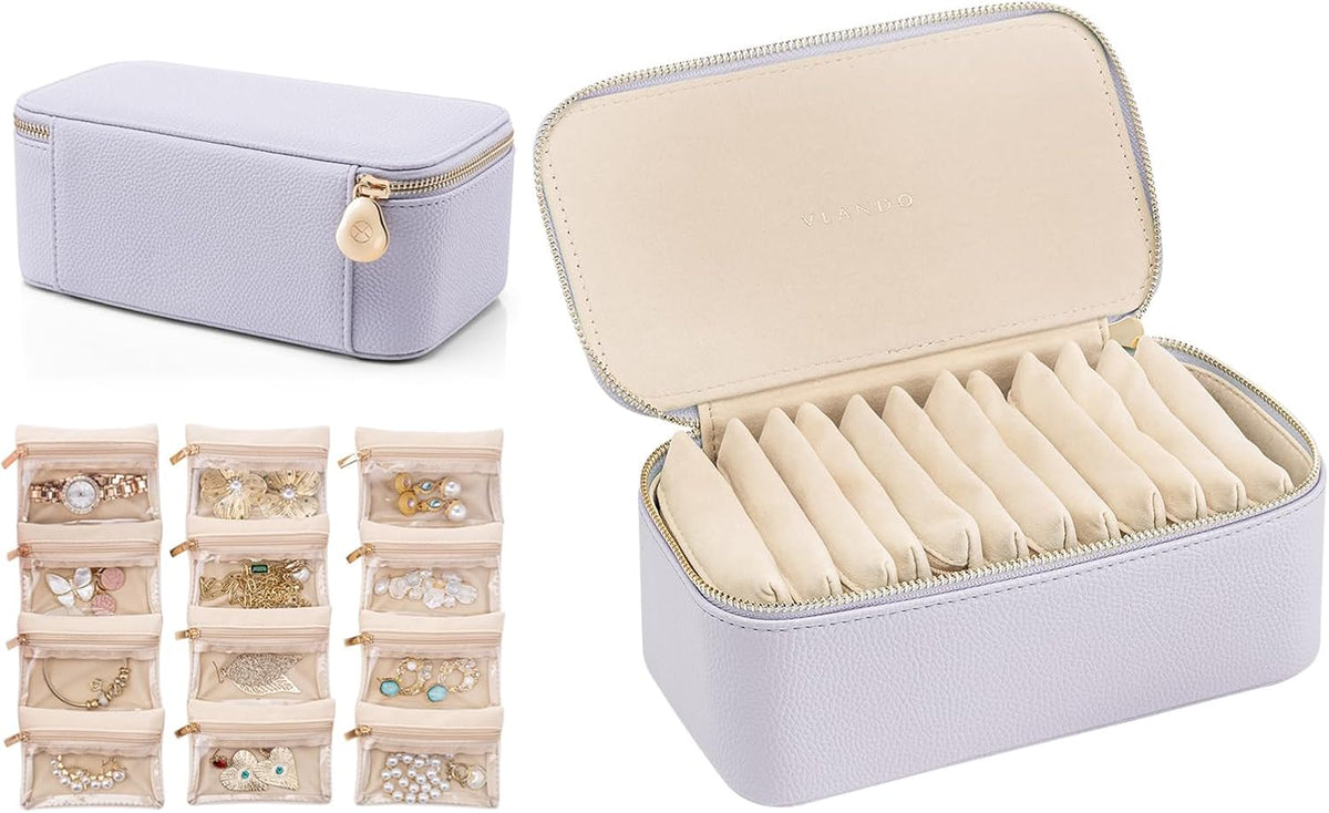 Travel Jewelry Box Organizer – Portable PU Leather Jewelry Case with 6/8/12 Zippered Pouches, Compact Storage for Earrings Rings Necklaces Bracelets, Aqua Blue