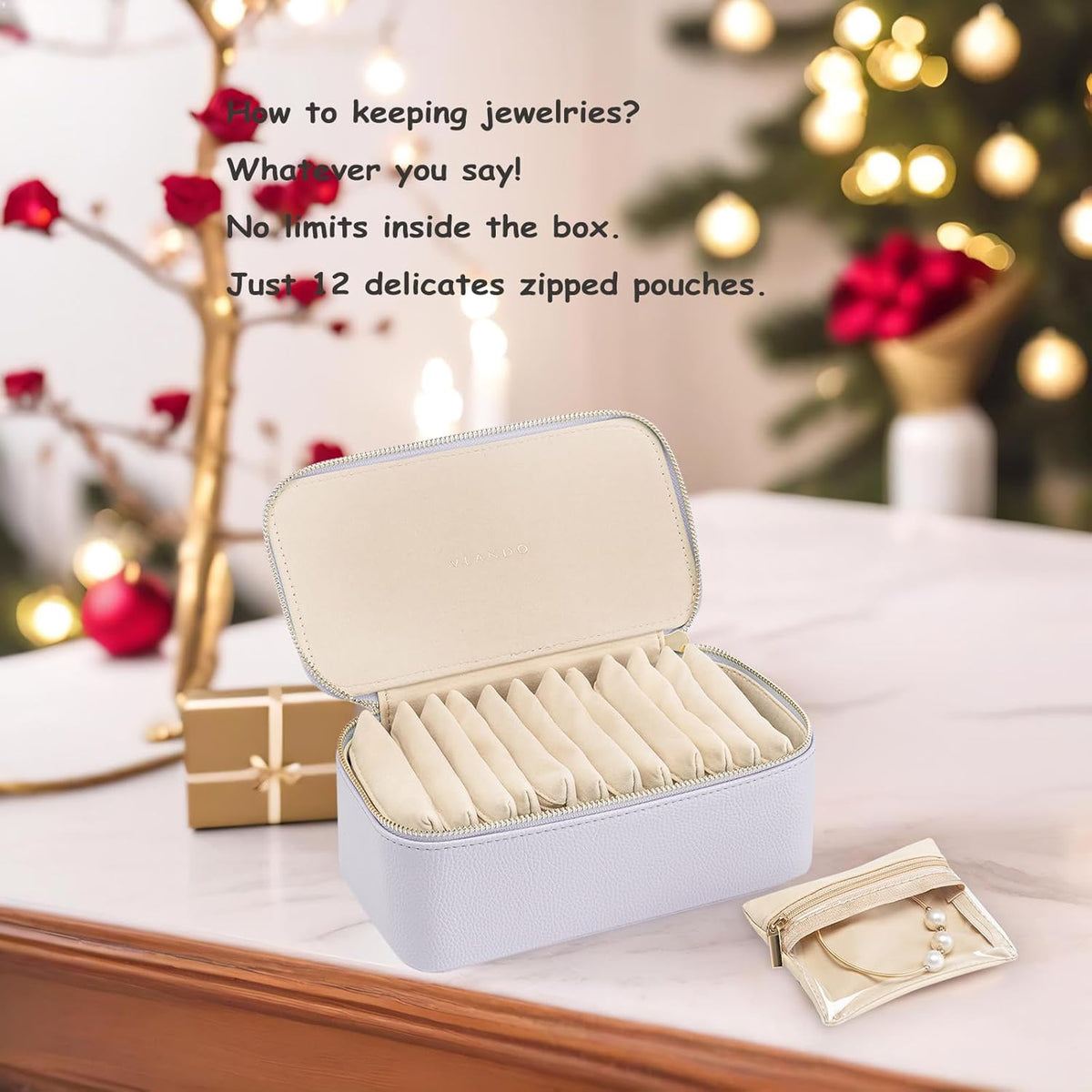 Travel Jewelry Box Organizer – Portable PU Leather Jewelry Case with 6/8/12 Zippered Pouches, Compact Storage for Earrings Rings Necklaces Bracelets, Aqua Blue