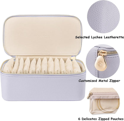 Travel Jewelry Box Organizer – Portable PU Leather Jewelry Case with 6/8/12 Zippered Pouches, Compact Storage for Earrings Rings Necklaces Bracelets, Aqua Blue
