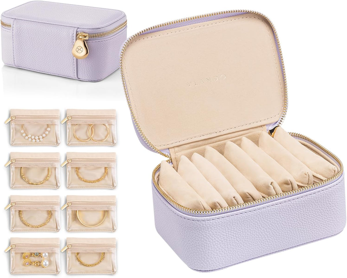 Travel Jewelry Box Organizer – Portable PU Leather Jewelry Case with 6/8/12 Zippered Pouches, Compact Storage for Earrings Rings Necklaces Bracelets, Aqua Blue