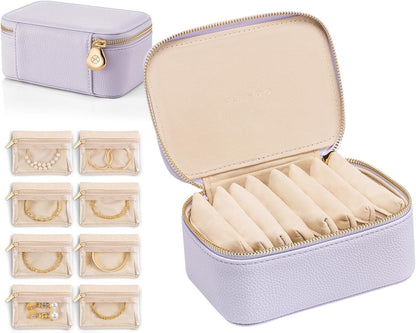 Travel Jewelry Box Organizer – Portable PU Leather Jewelry Case with 6/8/12 Zippered Pouches, Compact Storage for Earrings Rings Necklaces Bracelets, Aqua Blue
