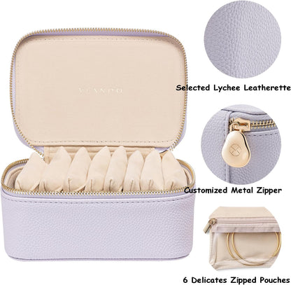 Travel Jewelry Box Organizer – Portable PU Leather Jewelry Case with 6/8/12 Zippered Pouches, Compact Storage for Earrings Rings Necklaces Bracelets, Aqua Blue