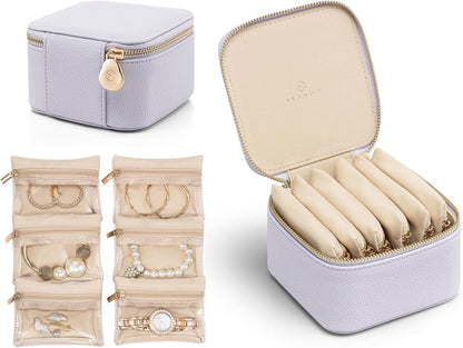 Travel Jewelry Box Organizer – Portable PU Leather Jewelry Case with 6/8/12 Zippered Pouches, Compact Storage for Earrings Rings Necklaces Bracelets, Aqua Blue
