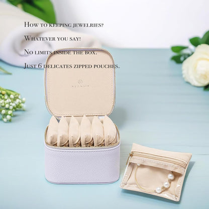 Travel Jewelry Box Organizer – Portable PU Leather Jewelry Case with 6/8/12 Zippered Pouches, Compact Storage for Earrings Rings Necklaces Bracelets, Aqua Blue