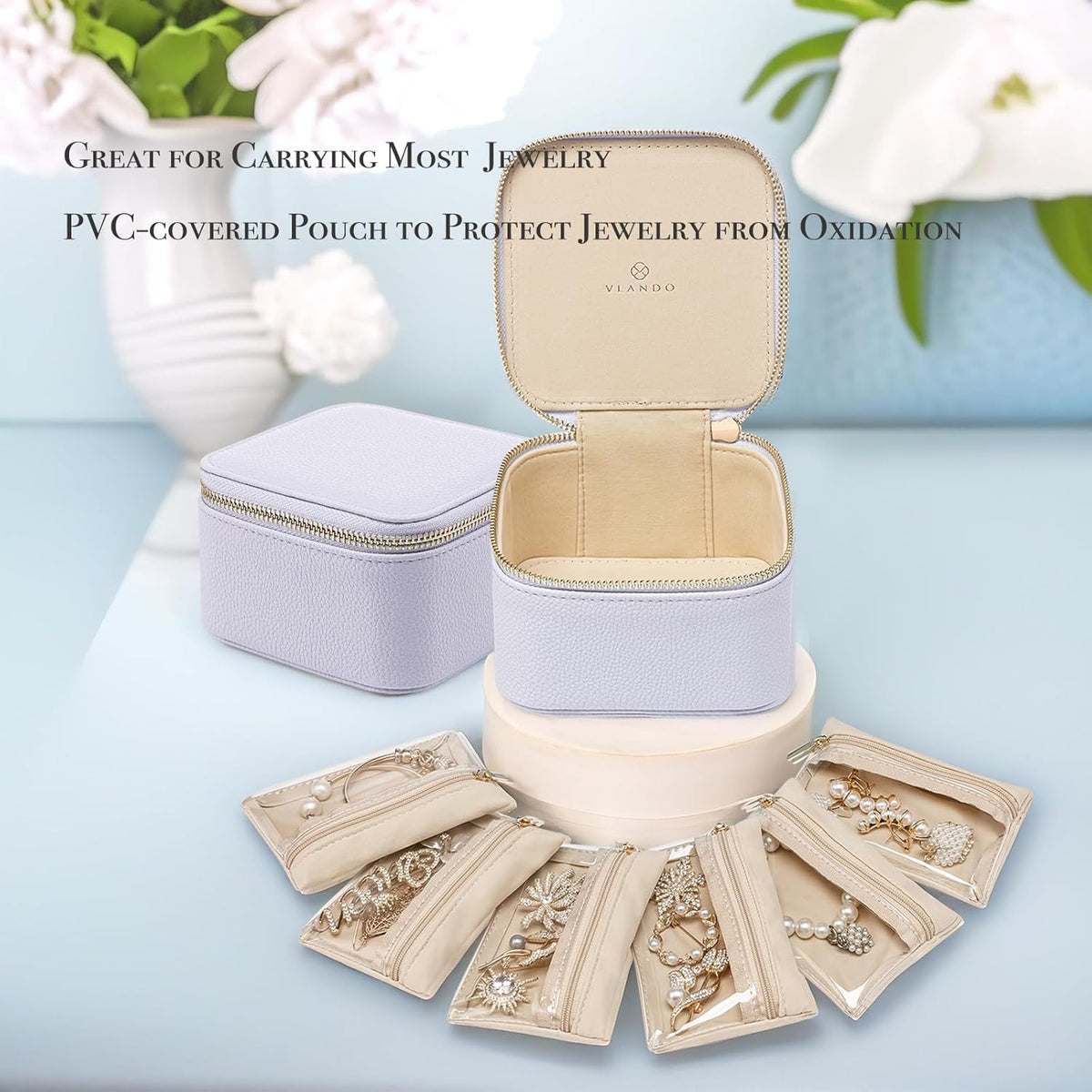 Travel Jewelry Box Organizer – Portable PU Leather Jewelry Case with 6/8/12 Zippered Pouches, Compact Storage for Earrings Rings Necklaces Bracelets, Aqua Blue