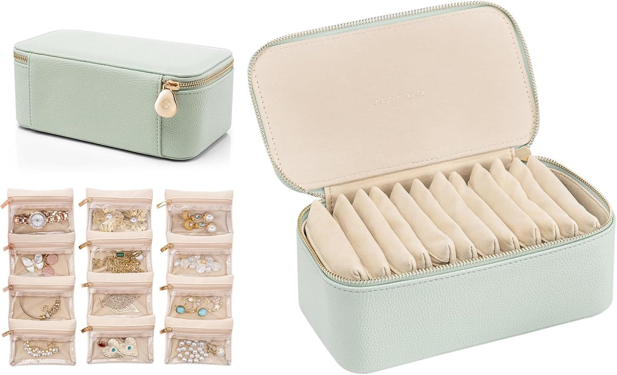 Travel Jewelry Box Organizer – Portable PU Leather Jewelry Case with 6/8/12 Zippered Pouches, Compact Storage for Earrings Rings Necklaces Bracelets, Aqua Blue