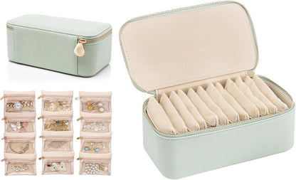 Travel Jewelry Box Organizer – Portable PU Leather Jewelry Case with 6/8/12 Zippered Pouches, Compact Storage for Earrings Rings Necklaces Bracelets, Aqua Blue