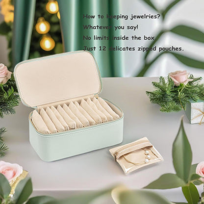 Travel Jewelry Box Organizer – Portable PU Leather Jewelry Case with 6/8/12 Zippered Pouches, Compact Storage for Earrings Rings Necklaces Bracelets, Aqua Blue